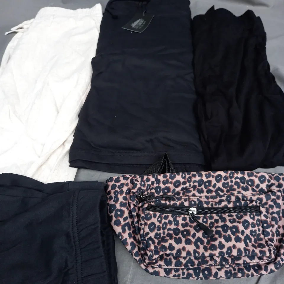 BOX OF APPROXIMATELY 25 ASSORTED CLOTHING ITEMS TO INCLUDE TROUSERS , BAG , HOODIE ETC