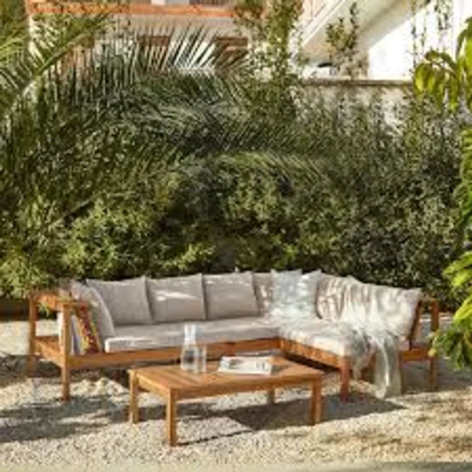 BOXED DAKOTA 240X160CM COMER SOFA SET, NATURAL ACACIA WITH SAND CUSHIONS (4 BOXES)