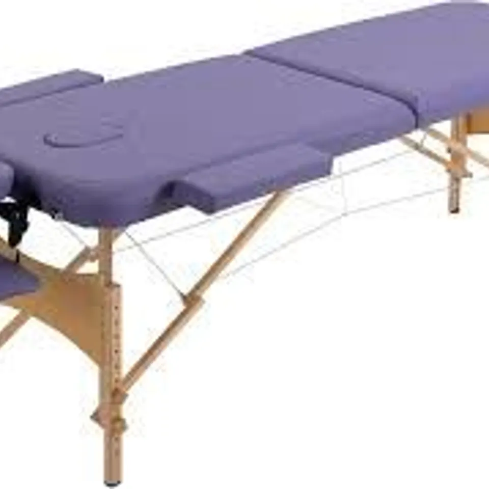 BOXED HOMCOM PORTABLE MASSAGE BED, FOLDING SPA BEAUTY MASSAGE TABLE WITH 2 SECTIONS, CARRY BAG AND WOODEN FRAME, PURPLE