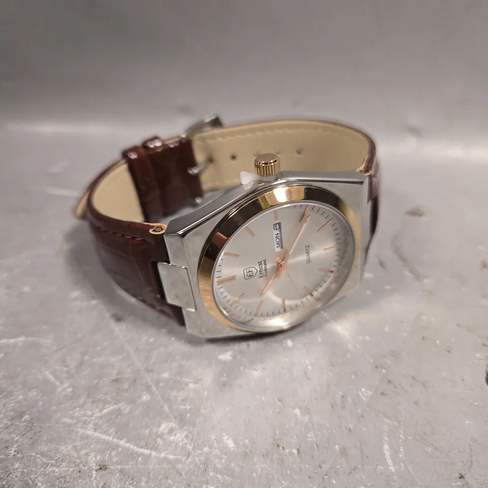 MENS ERNEST FERDINAND WATCH – DAY DATE CALENDAR DIAL – LEATHER STRAP 