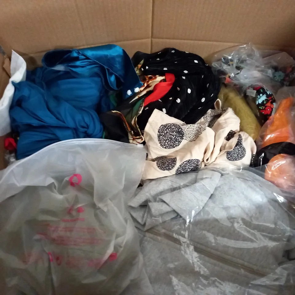 BOX OF ASSORTED CLOTHING ITEMS TOO INCLUDE JUMPERS, SHIRTS AND TROUSERS IN VARIOUS SIZES AND COLOURS   