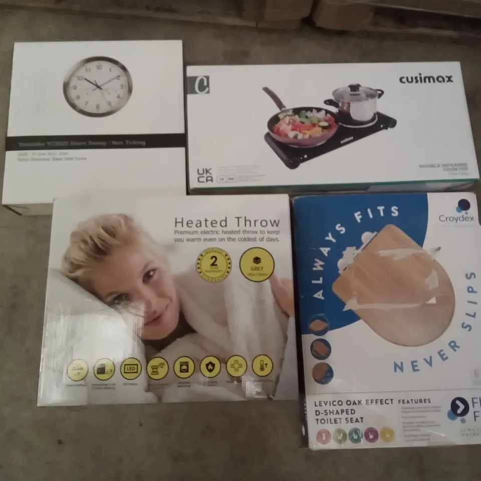 PALLET OF ASSORTED ITEMS INCLUDING CROYDEX TOILET SEAT, HEATED THROW, CUSIMAX DOUBLE INFRARED COOKTOP, SILVER SWEEP WALL CLOCK, ROUND SIDE TABLE WITH TRAY