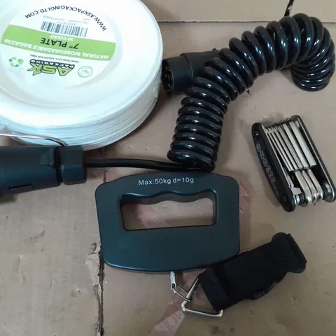 APPROXIMATELY 20 ASSORTED HOUSEHOLD ITEMS TOO INCLUDE, PAPER PLATE- OUTDOOR EXTENSION LEAD - SUITCASE WEIGHTS ETC