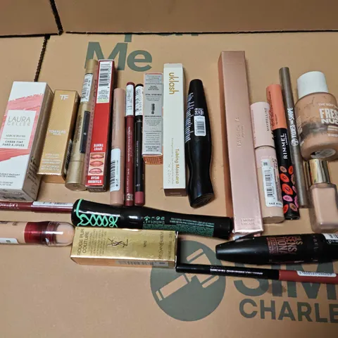 LOT OF APPROXIMATELY 22 ASSORTED MAKE UP ITEMS TO INCLUDE MAYBELLINE, YSL, LAURA GELLER AND RIMMEL