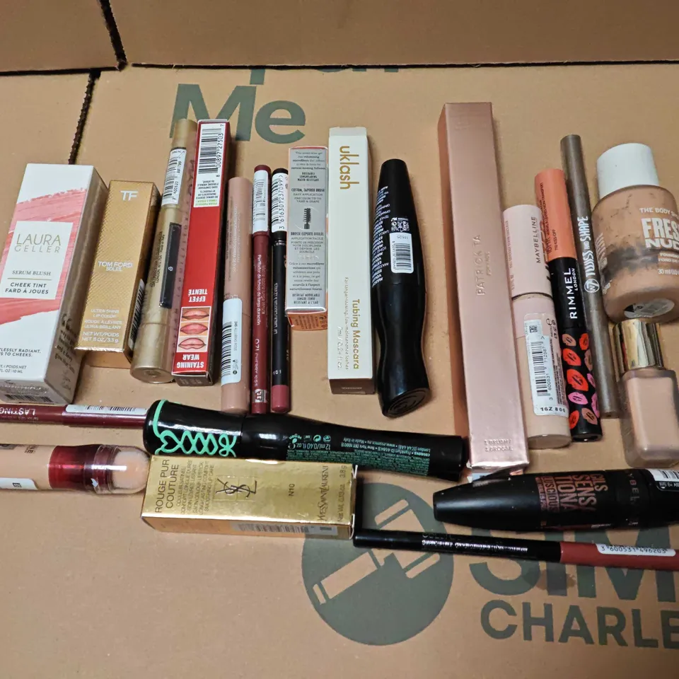 LOT OF APPROXIMATELY 22 ASSORTED MAKE UP ITEMS TO INCLUDE MAYBELLINE, YSL, LAURA GELLER AND RIMMEL