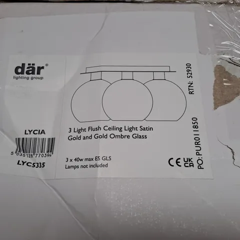 DAR LIGHTING LYCIA FLUSH CEILING LIGHT SATIN GOLD AND GOLD OMBRE GLASS LYC5335