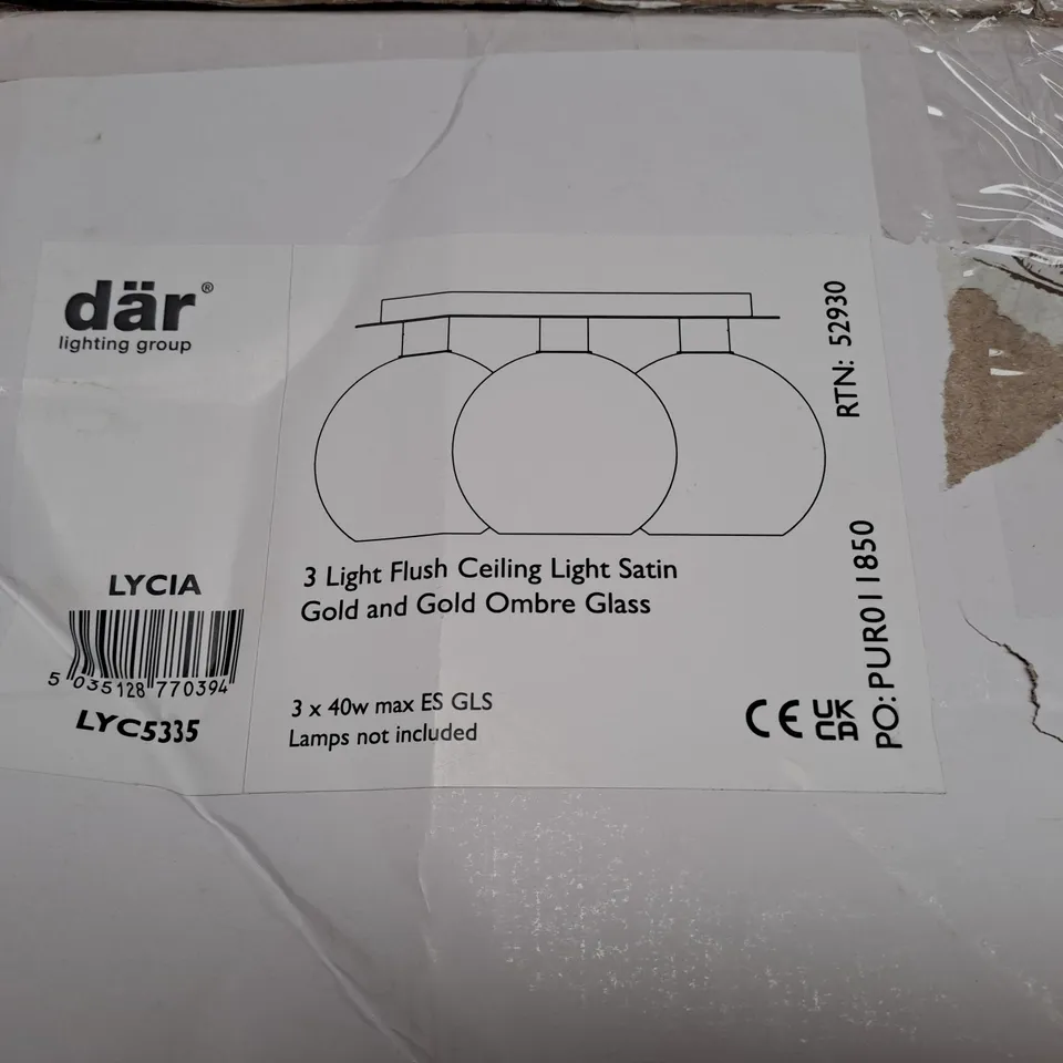 DAR LIGHTING LYCIA FLUSH CEILING LIGHT SATIN GOLD AND GOLD OMBRE GLASS LYC5335