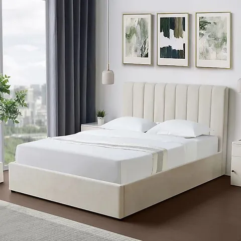 BOXED EVELYNNE FABRIC OTTOMAN BED FRAME WITH STORAGE - BEIGE // SIZE: DOUBLE (2 BOXES)