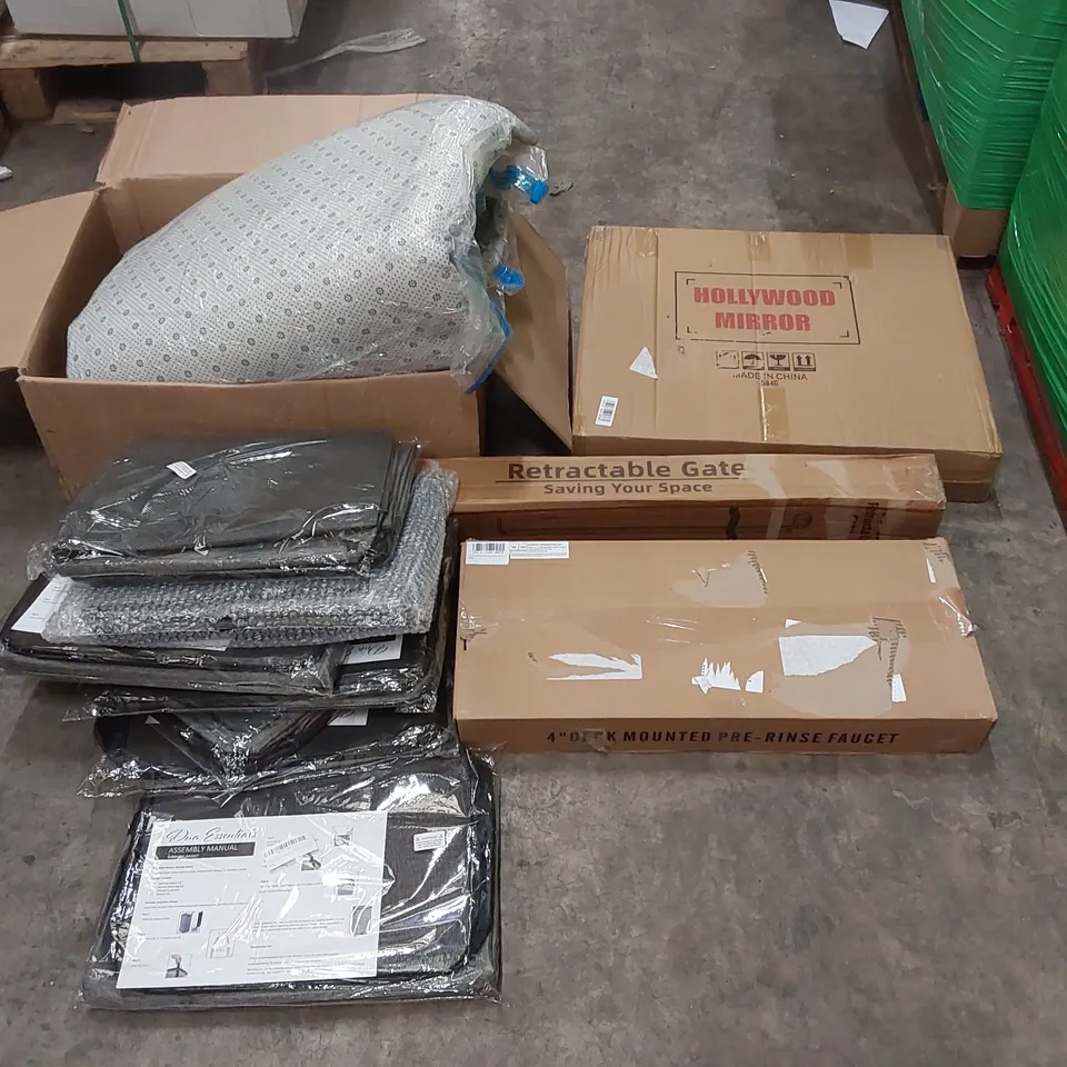 PALLET OF ASSORTED CONSUMER PRODUCTS TO INCLUDE: HOLLYWOOD MIRROR, 4" DECK MOUNTED PRE-RINSE FAUCET, RETRACTABLE SAFETY GATE, LARGE RUG, WASH BASKET ECT