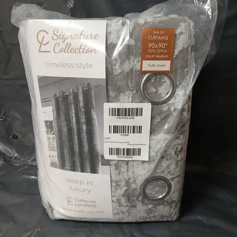 CATHERINE LANSFIELD PAIR OF EYELET HEADING CRUSHED VELVET CURTAINS IN GREY - 90 X 90"
