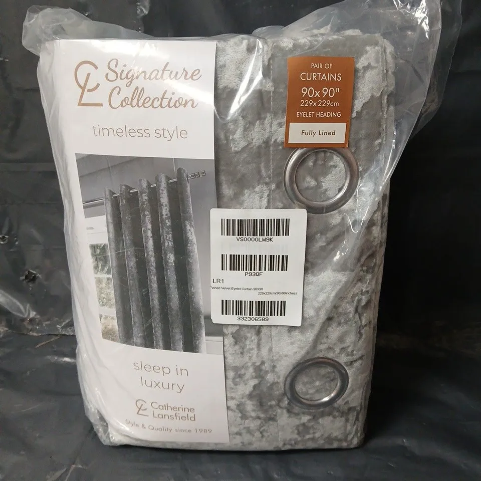 CATHERINE LANSFIELD PAIR OF EYELET HEADING CRUSHED VELVET CURTAINS IN GREY - 90 X 90"