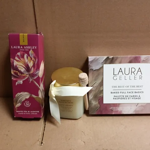 APPROXIMATEY 20 ASSORTED HEALTH AND BEAUTY PRODUCTS TO INCLUDE LUARA GELLER BAKED FULL FACE BASICS, LAURA ASHLEY HAND & NAIL CREAM, SERENITY COLLECTION BATH HONEY ETC
