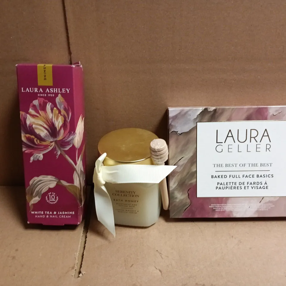 APPROXIMATEY 20 ASSORTED HEALTH AND BEAUTY PRODUCTS TO INCLUDE LUARA GELLER BAKED FULL FACE BASICS, LAURA ASHLEY HAND & NAIL CREAM, SERENITY COLLECTION BATH HONEY ETC 