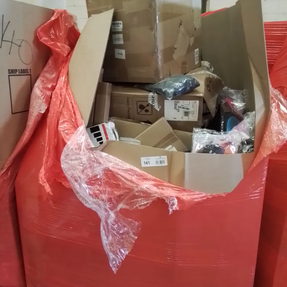 PALLET OF ASSORTED PRODUCTS, INCLUDING, TOILET SEAT, OFFICE CHAIR, FANCY BORDER PUNCHES, HALOWEEN DECORATIONS, CHILDS BACK PAC.